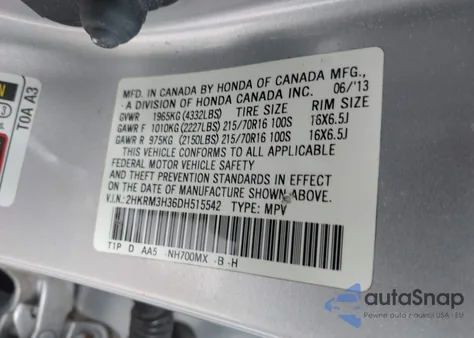 2013 Honda Cr-V Lx z USA, uszkodzony, nr VIN 2HKRM3H36DH515542